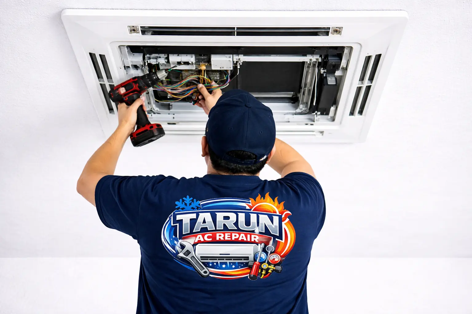 Technician servicing ceiling cassette AC